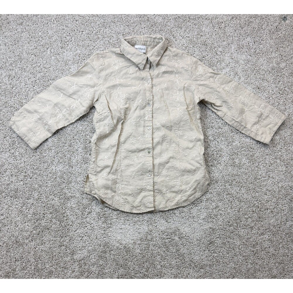Peck & Peck Women's Size M Beige 100% Linen Floral Embroidered Button Shirt